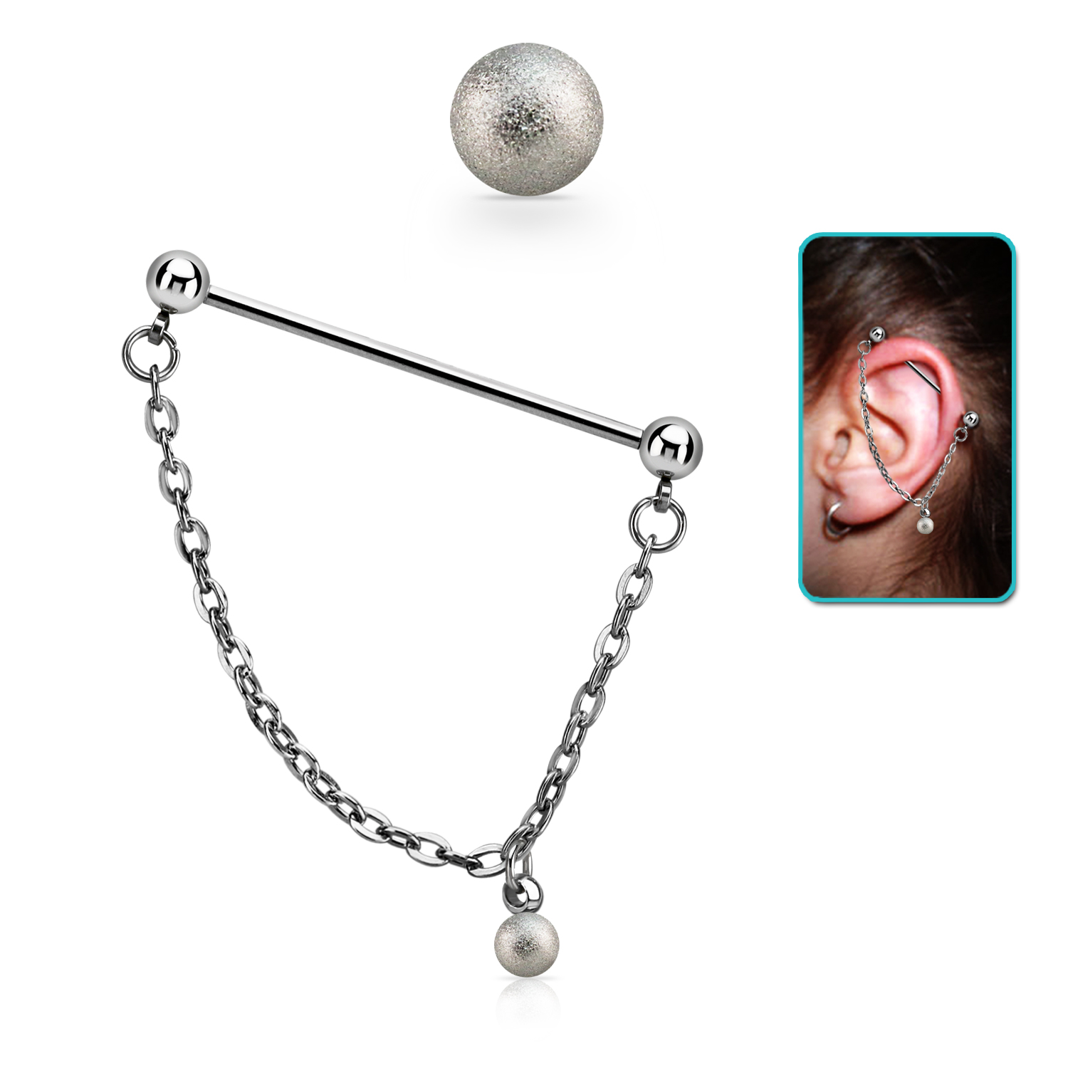 Industrial Barbell Chirurgenstahl mit Kette und 5mm-Kugel in Diamantoptik