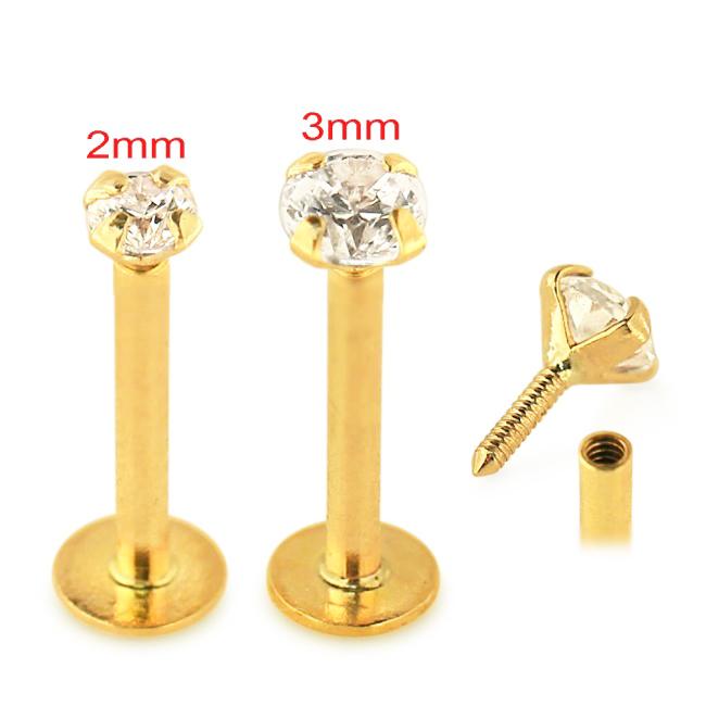 Piercing Labret Stecker 14karat Echtgold Gelbgold mit Kristall Schraubaufsatz mit Geschenkbox