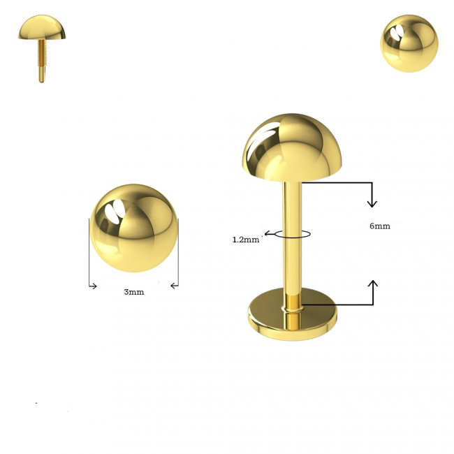 Piercing Labret Stecker 14karat Echtgold Gelbgold Innengewinde Halbkugel mit Geschenkbox