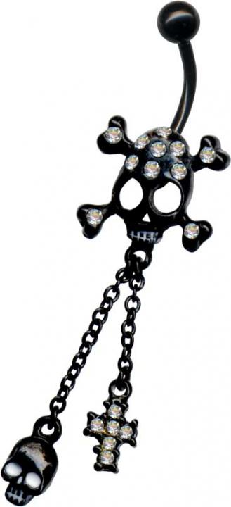 p1666_3 RAUS-DAMIT-PREIS Bauchnabelpiercing Totenkopf Kreuz schwarz Kristall Steine