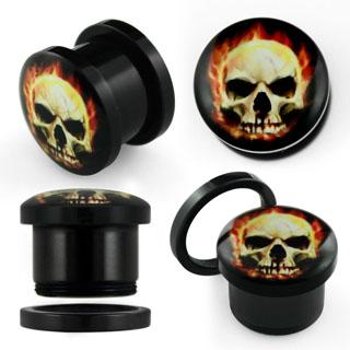 afps Flesh Tunnel Schwarz Acryl Totenkopf Flammen