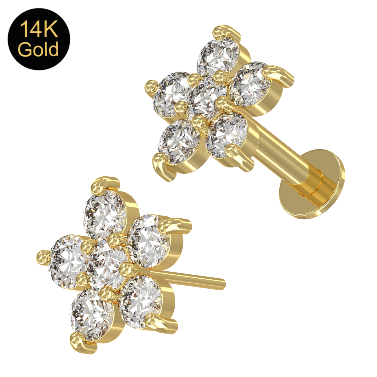 Piercing Labret Stecker Kristallblume 14karat Gold Gelbgold sechs 1.5mm-Kristalle mit Geschenkbox Piercing Labret Stecker Kristallblume 14karat Gold Gelbgold sechs 1.5mm-Kristalle mit Geschenkbox