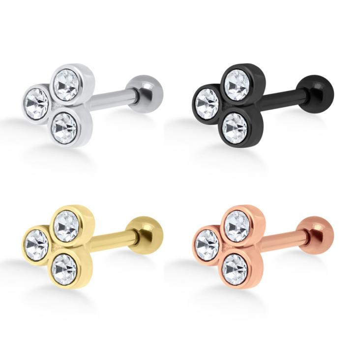 Helix Tragus Piercing 3 Kristalle silberfarbig schwarz goldfarbig roségoldfarbig