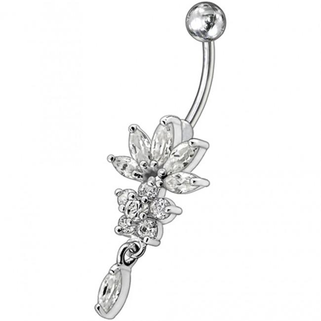 Bauchnabelpiercing Titan 925er Silber-Motiv Blume  8mm/10mm/12mm Stablänge