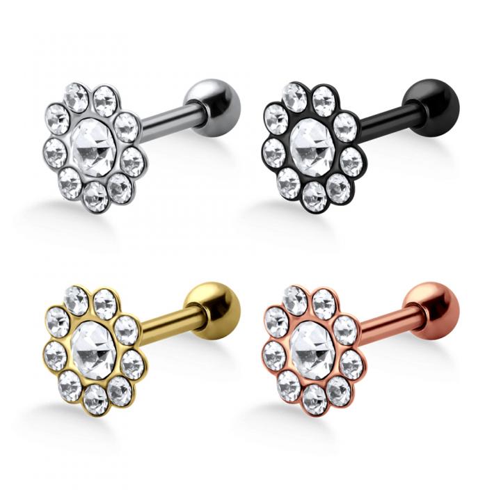 Helix Tragus Piercing Blume Kristalle silberfarbig schwarz goldfarbig roségoldfarbig