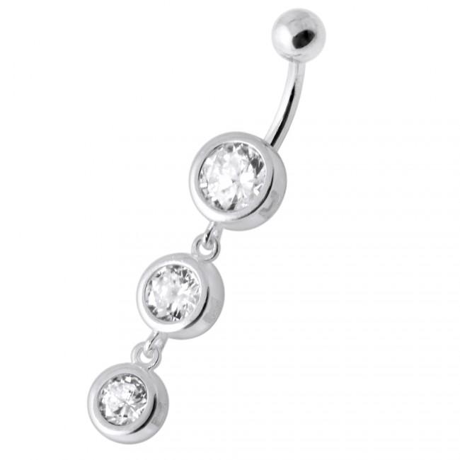 Bauchnabelpiercing Titan 925er Silber-Motiv drei Kristalle   8mm/10mm/12mm Stablänge