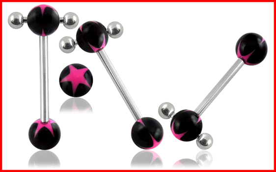 bar250 Zungenpiercing Barbell Spinner mit Stern schwarz/pink Stahl Hantel