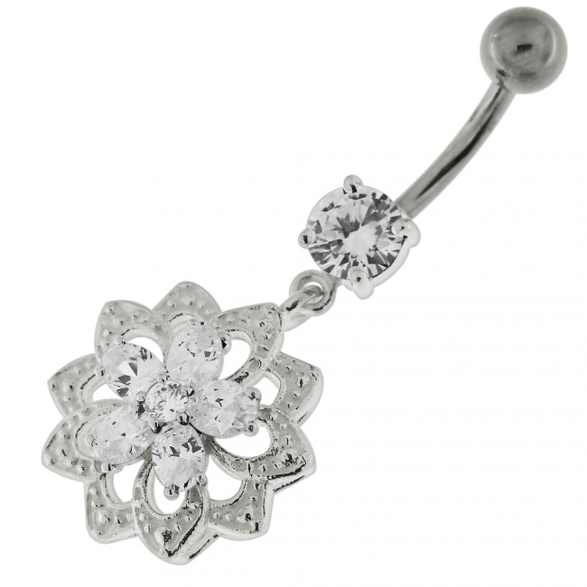 Bauchnabelpiercing Titan 925er Silber-Motiv mit Kristallblume