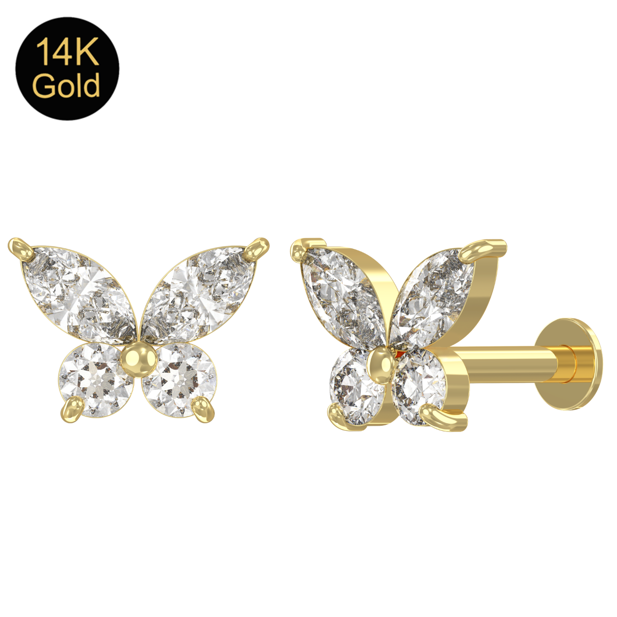 Piercing Labret Stecker 14karat Gold Gelbgold Schmetterling mit Kristallen mit Geschenkbox Piercing Labret Stecker 14karat Gold Gelbgold Schmetterling mit Kristallen mit Geschenkbox