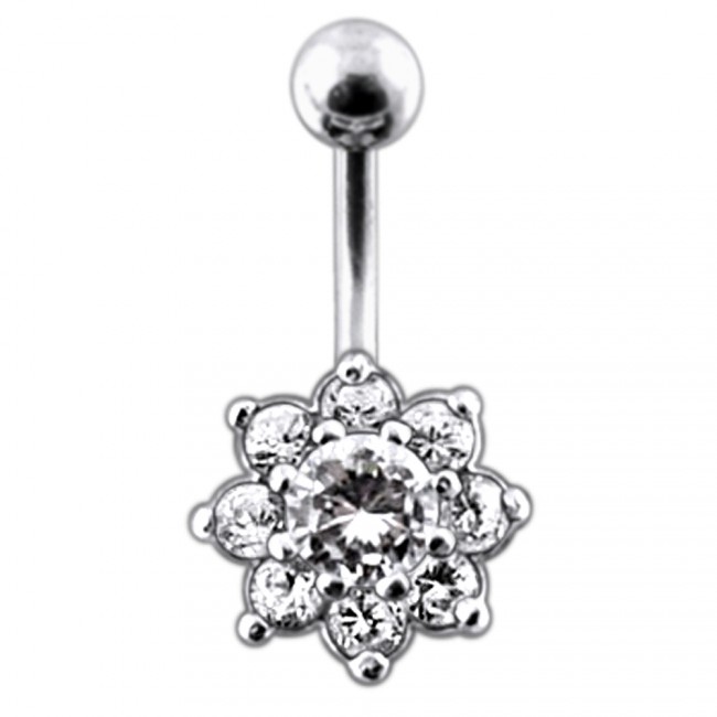 Bauchnabelpiercing Titan G23 925er Silber-Motiv Kristallblume  8mm/10mm/12mm Stablänge