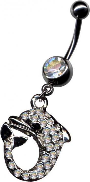 12119 RAUS-DAMIT-PREIS Bauchnabelpiercing mit Delfin klar Stahl Schmuck