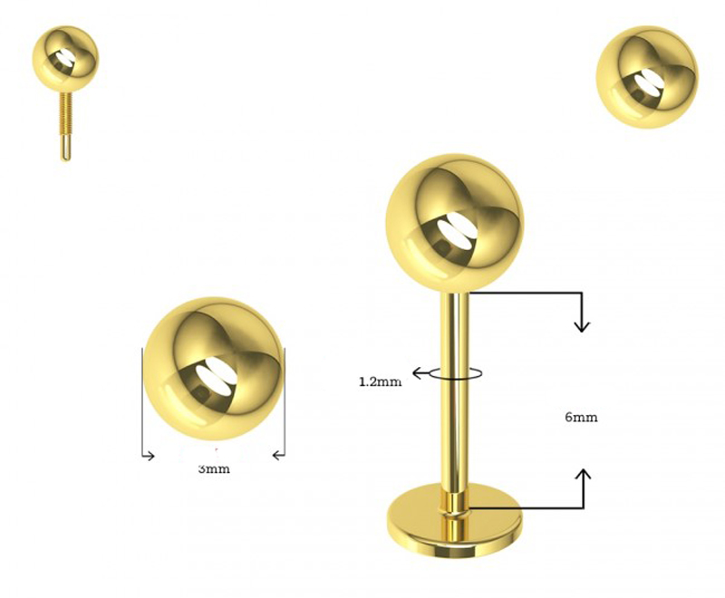 Piercing Labret Stecker 14karat Echtgold 3mm-Kugel mit Geschenkbox   1.2mm x 6mm