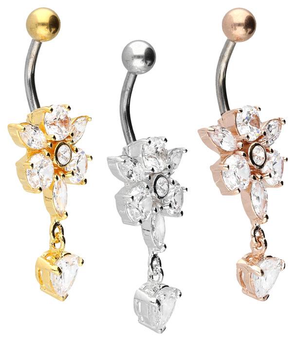 Bauchnabelpiercing Titan 925er Silber-Motiv Blume/Herz silberfarbig goldfarbig roségoldfarbig