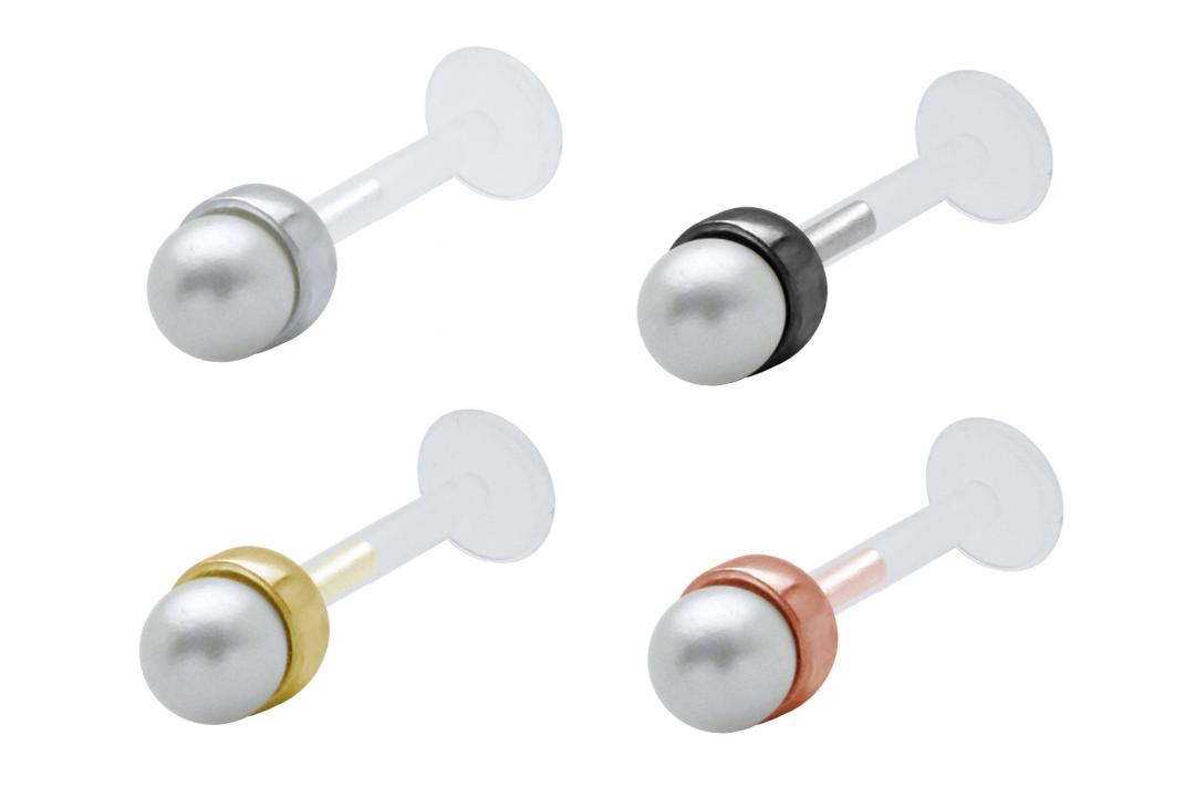 PTFE Tragus Labret mit weißer 3mm-Kunstperle silber schwarz goldfarbig roségoldfarbig