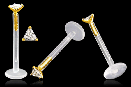 PMFK Piercing Labret Stecker 14karat Echtgold mit 4mm-Kristalldreieck