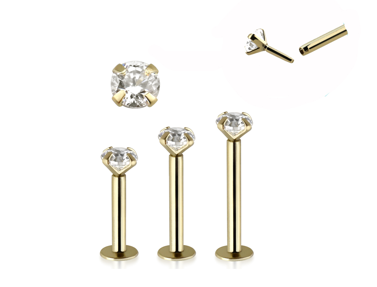 Piercing Labret Stecker 14karat Echtgold Gelbgold eingefasster Kristall mit Geschenkbox