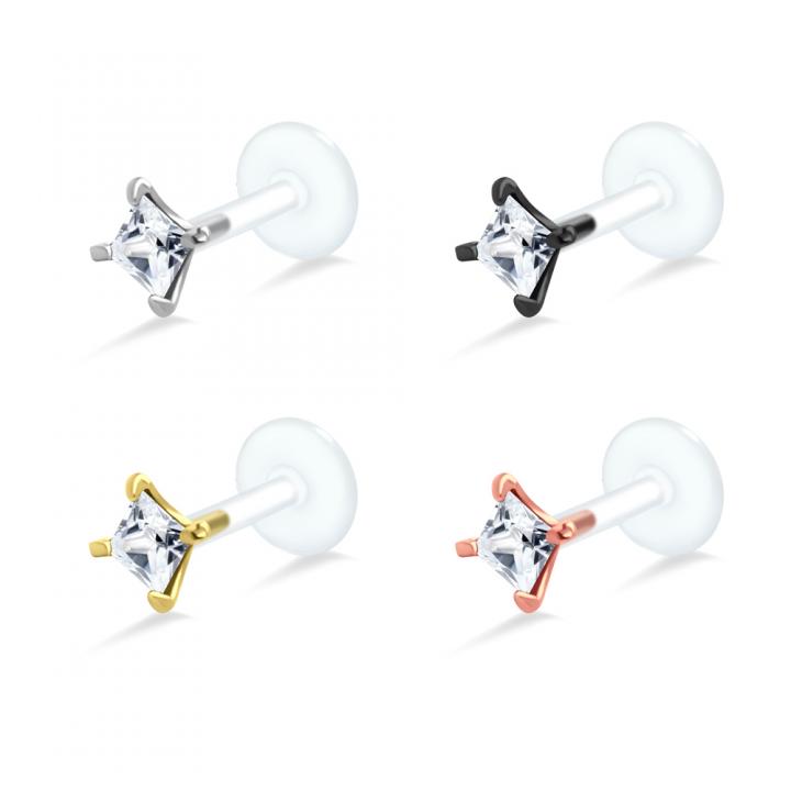 PTFE Tragus Labret eckiger Kristall silber schwarz goldfarbig roségoldfarbig