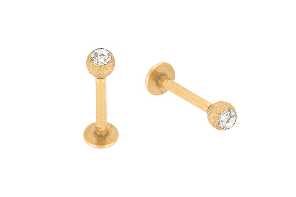 GL508 Piercing Labret mit Kugel in Diamantoptik goldfarben mit Kristall Stahl 1.2 und 1.6mm Stecker