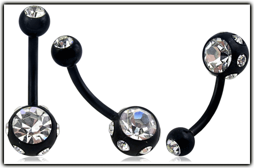 ban418 Bauchnabelpiercing schwarz mit Multi Kristallen crystal