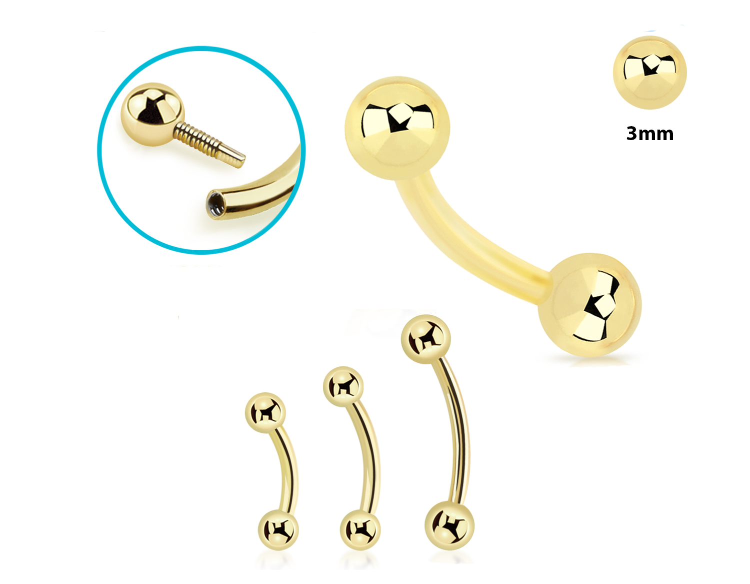 Piercing Banane Stecker 14karat Echtgold Gelbgold Innengewinde mit 3mm-Kugeln