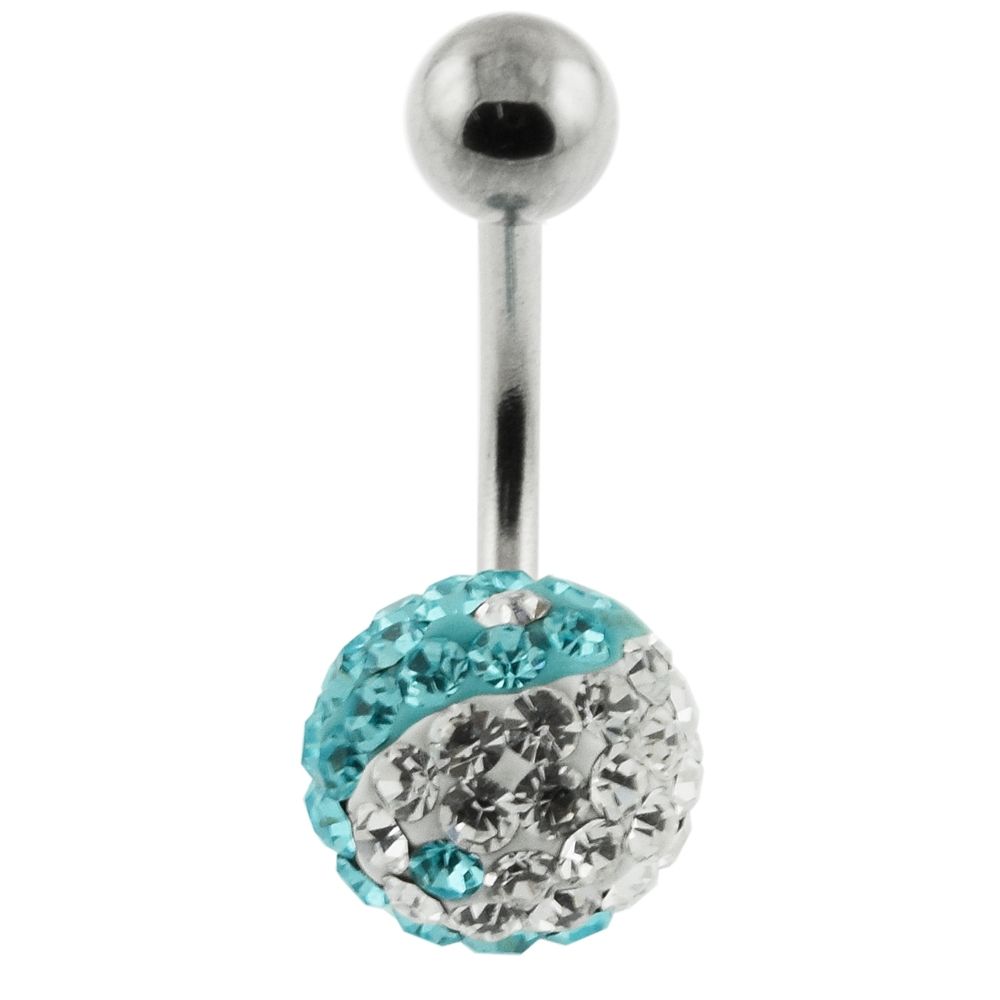 Bauchnabelpiercing Yin Yang Multi Kristall Kugel Hellblau/Klar Stahl