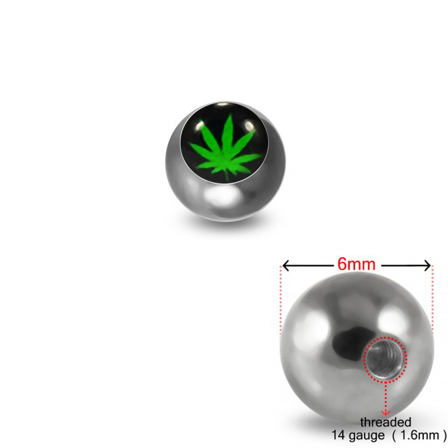 Schraubkugel aus Chirurgenstahl 316L mit Motiv Cannabis grün-schwarz