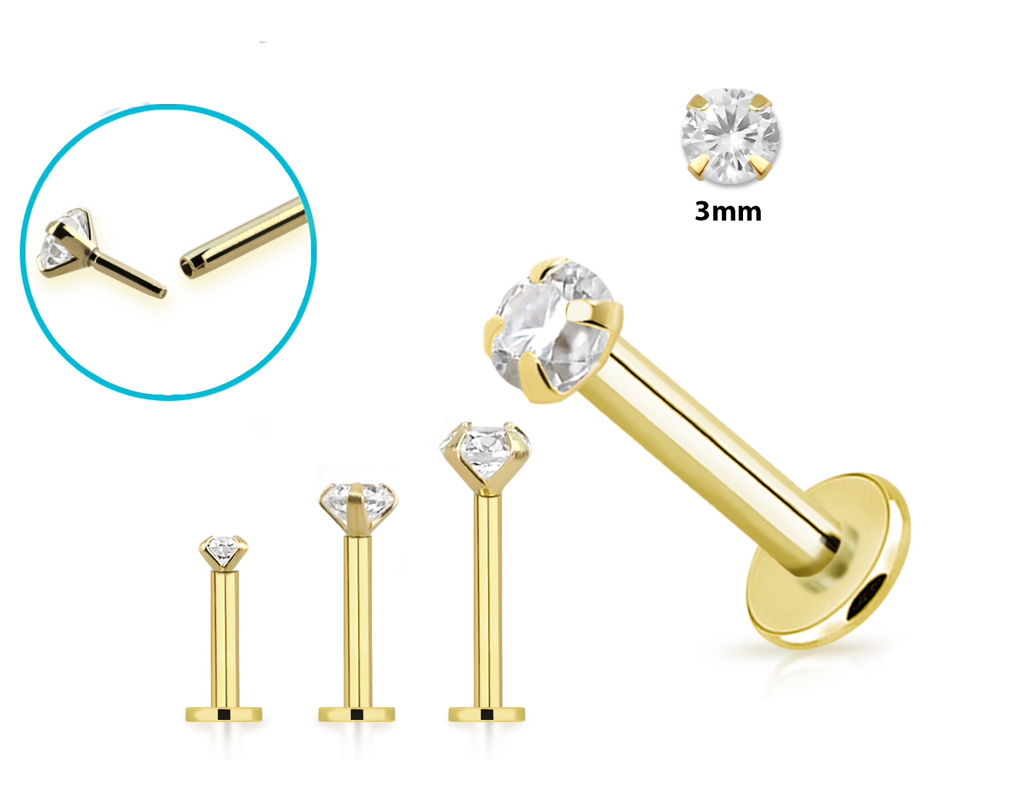 Piercing Labret Stecker 18karat Echtgold Gelbgold mit eingefasstem 3mm-Kristall