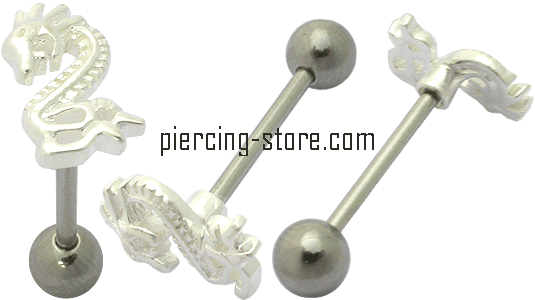 Zungenpiercing Barbell mit 925er Silbermotiv Drache