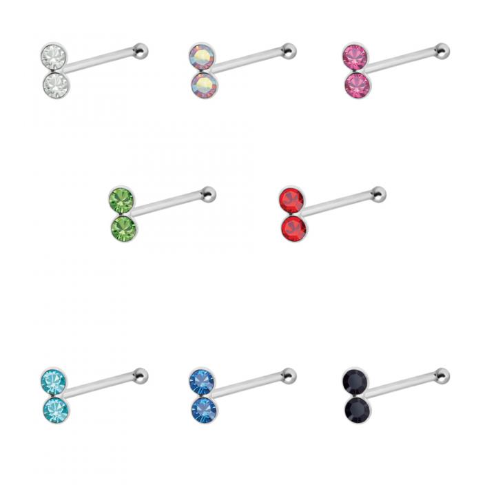Nasenstecker Pin Silber zwei Kristalle silberfarbig mit acht wählbaren Kristallfarben