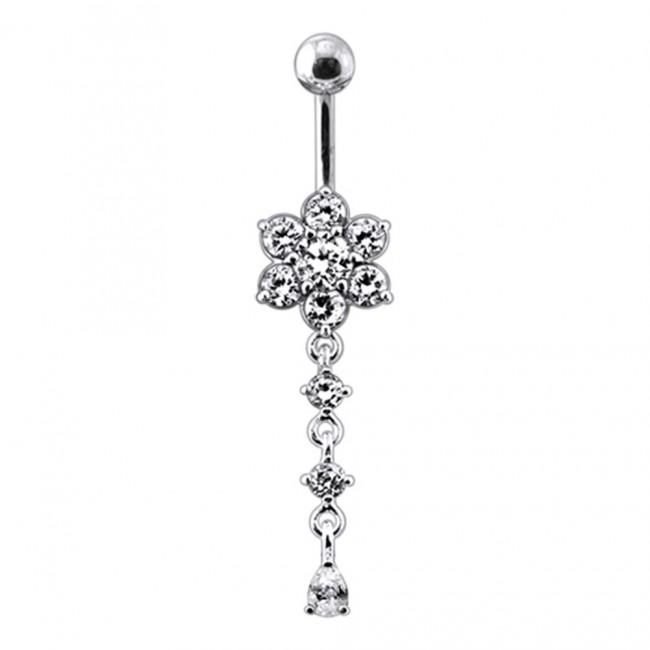 Bauchnabelpiercing Titan 925er Silber-Motiv Kristallblume  8mm/10mm/12mm Stablänge