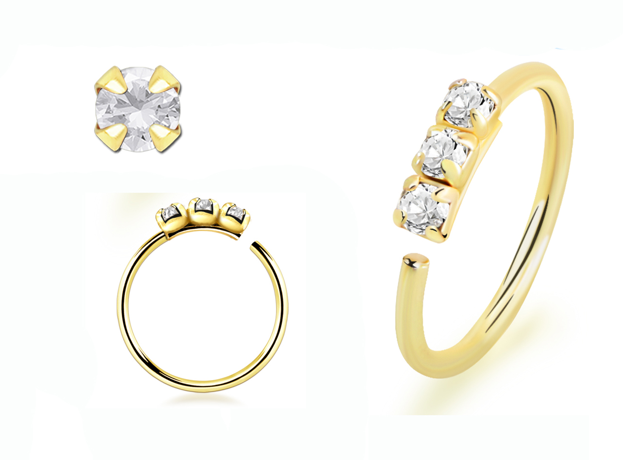 Nasenring aus 14karat Gold Nasenpiercing mit drei eingefassten Kristallen