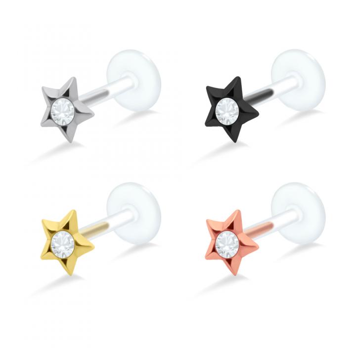 PTFE Tragus Labret Kristallstern silber schwarz goldfarbig roségoldfarbig