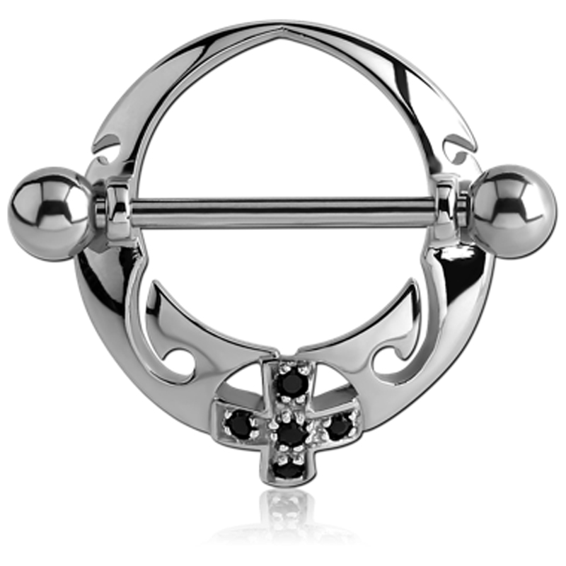 Brustwarzenpiercing Kristall schwarz Kreuz Schild mit Barbell Nippel Piercing