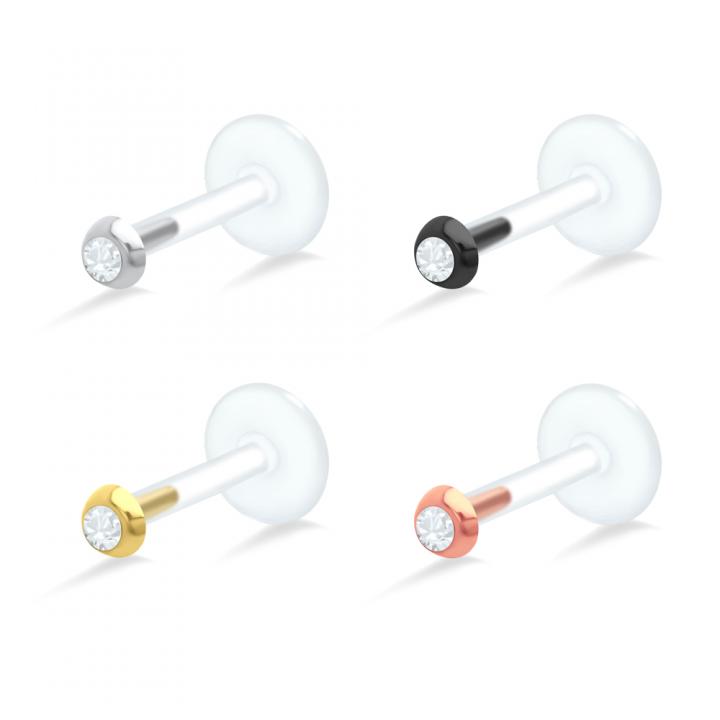 PTFE Tragus Labret 2mm-Kristall silber schwarz goldfarbig roségoldfarbig