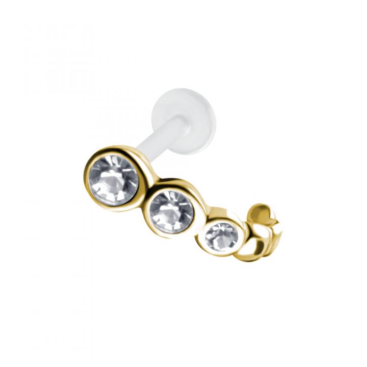 PTFE Tragus Labret drei Kristalle silber schwarz goldfarbig roségoldfarbig  1.2mm x 6mm