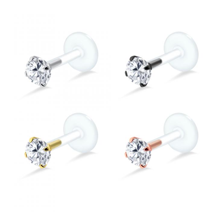 PTFE Tragus Labret 4mm-Kristall silber schwarz goldfarbig roségoldfarbig