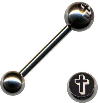 p1487_5 Zungenpiercing Barbell Kreuz Motiv Stahl Hantel 1.6 mm