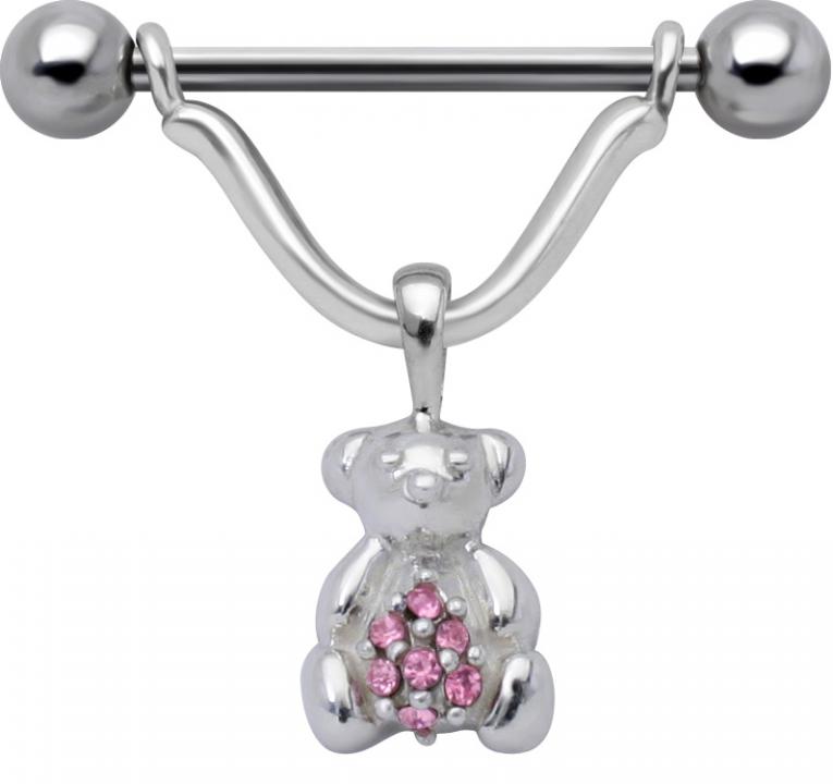 Brustwarzenpiercing Schild Anhänger Teddy rosa mit Barbell Nipple Piercing