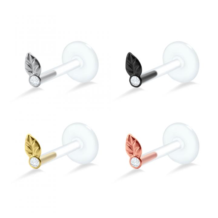 PTFE Tragus Labret Kristallblatt silber schwarz goldfarbig roségoldfarbig