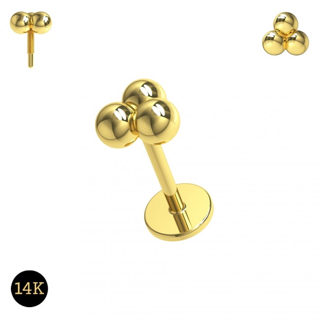 Piercing Labret Stecker 14karat Echtgold Gelbgold Innengewinde drei Kugeln mit Geschenkbox