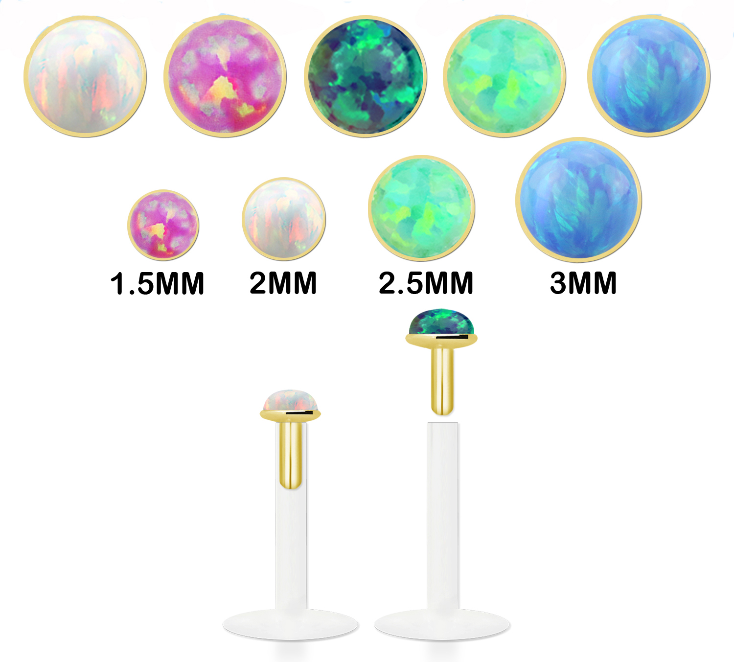 Labret Stecker Bioflex Steckaufsatz aus Silber mit Goldplatierung und synthetischem Opal