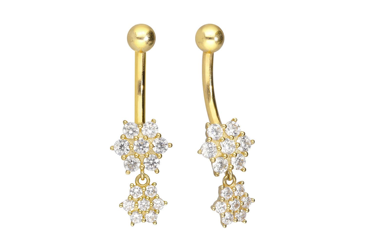 Bauchnabelpiercing 18karat Echtgold Gelbgold mit zwei Kristallblumen