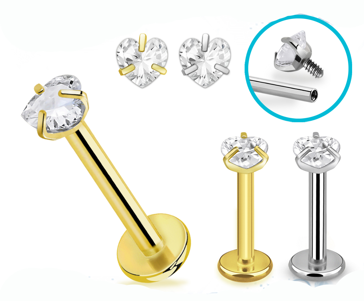 Labret Titan G23 Innengewinde silberfarbig goldfarbig eingefasstem 3mm-Kristall in Herzform Labret Titan G23 Innengewinde silberfarbig goldfarbig eingefasstem 3mm-Kristall in Herzform