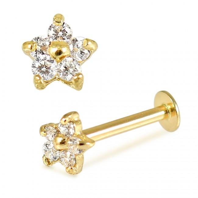 Piercing Labret Stecker 14karat Echtgold Gelbgold 4mm-Kristallblume mit Geschenkbox