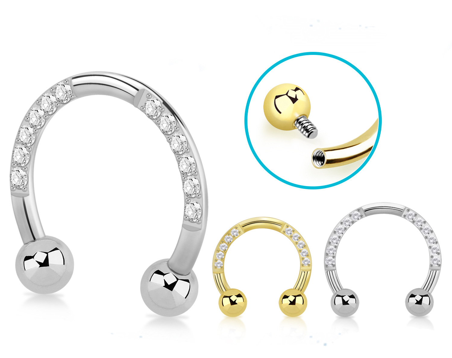 Hufeisen Circular aus Titan G23 Innengewinde mit Kristallen silberfarbig goldfarbig Hufeisen Circular aus Titan G23 Innengewinde mit Kristallen silberfarbig goldfarbig