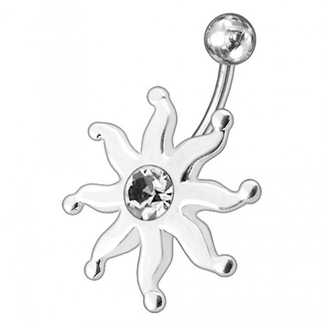 Bauchnabelpiercing Titan 925er Silber-Motiv Sonne mit Kristall  8mm/10mm/12mm Stablänge