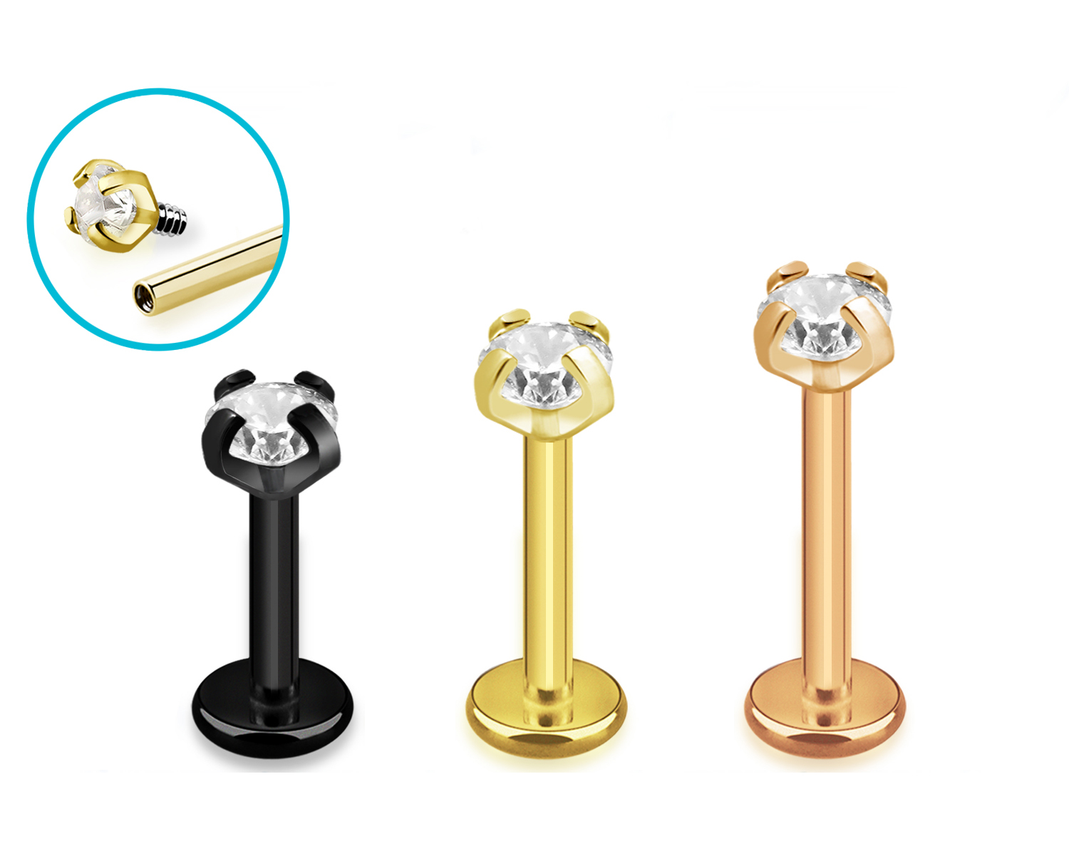 Titan G23 Innengewinde Helix Tragus Piercing Labret 3mm-Kristall  schwarz goldfarbig roségoldfarbig