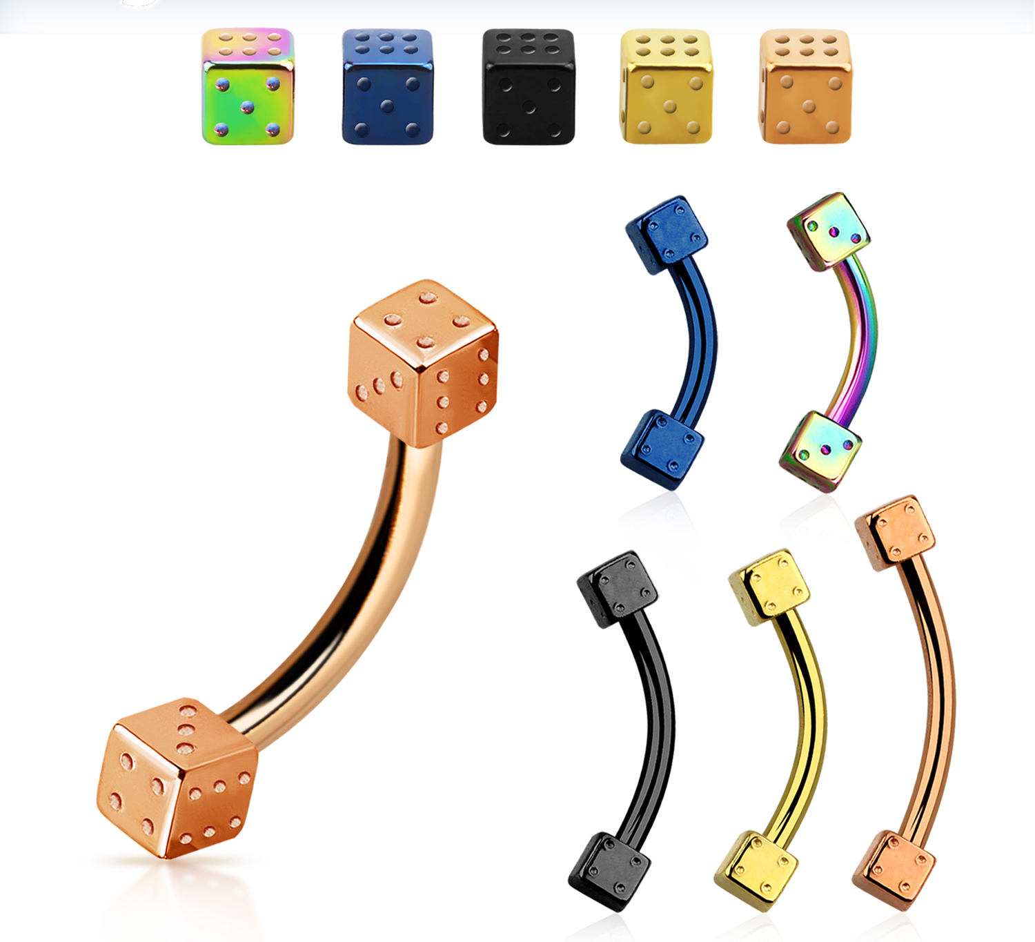 Augenbrauenpiercing Banane mit Würfeln goldfarbig roségoldfarbig dunkelblau schwarz regenbogenfarbig