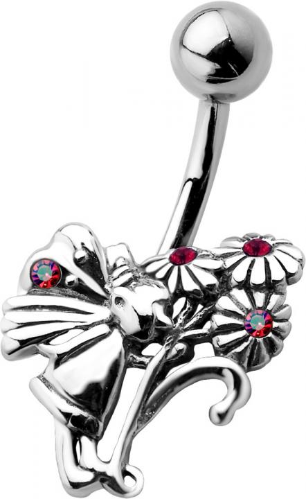 Bauchnabelpiercing mit Blumenelfe Kristallsteine Rosa Stahl Banane