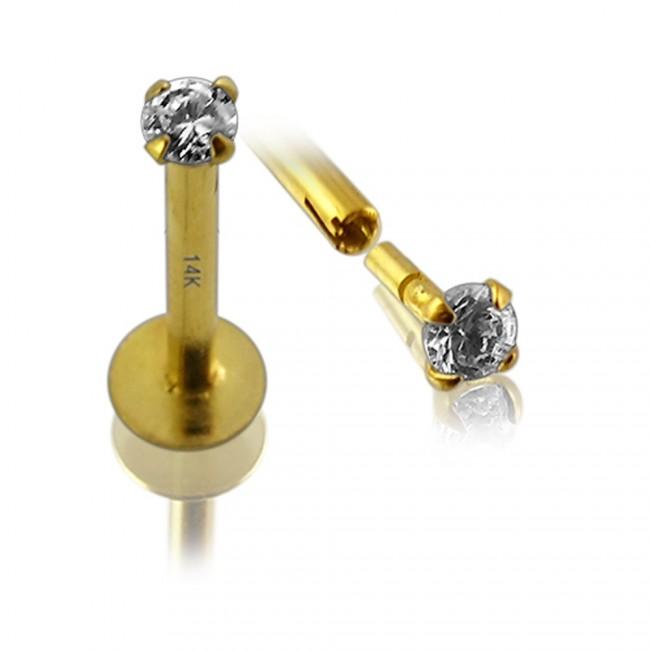 Piercing Labret Stecker 14karat Echtgold Gelbgold 3mm-Kristall Steckaufsatz mit Geschenkbox